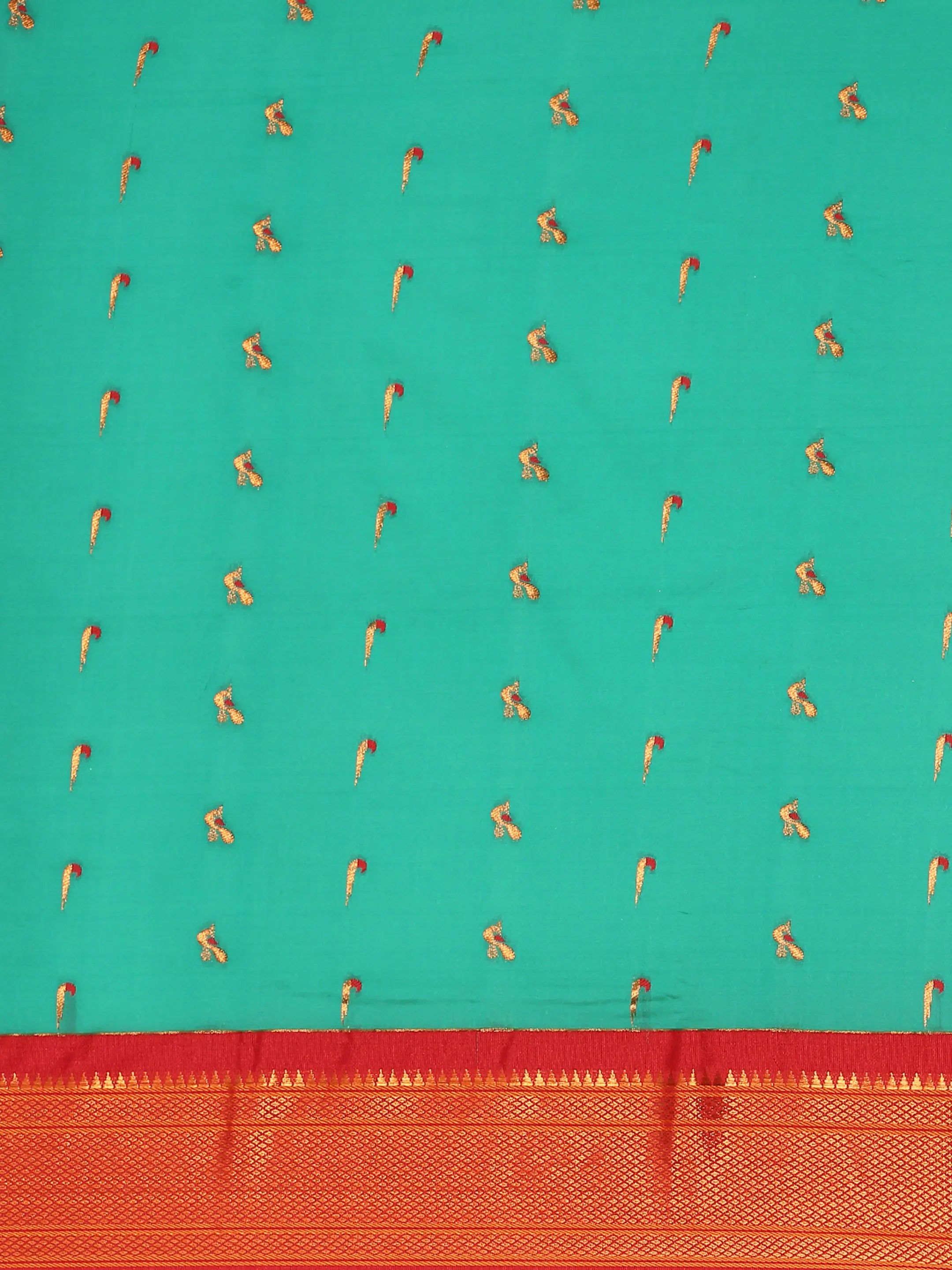 Muniya paithani saree silk blend in sea green and red with muniya peacock meena butti - body fabric detail showing motif design for wedding wear