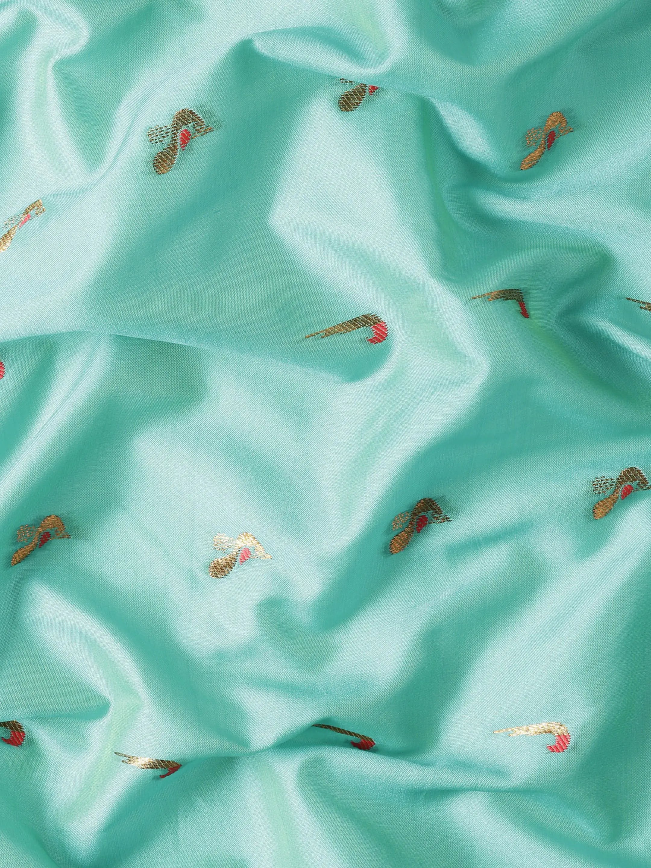 Muniya paithani saree silk blend in sea green and red with muniya peacock meena butti - fabric view for wedding wear