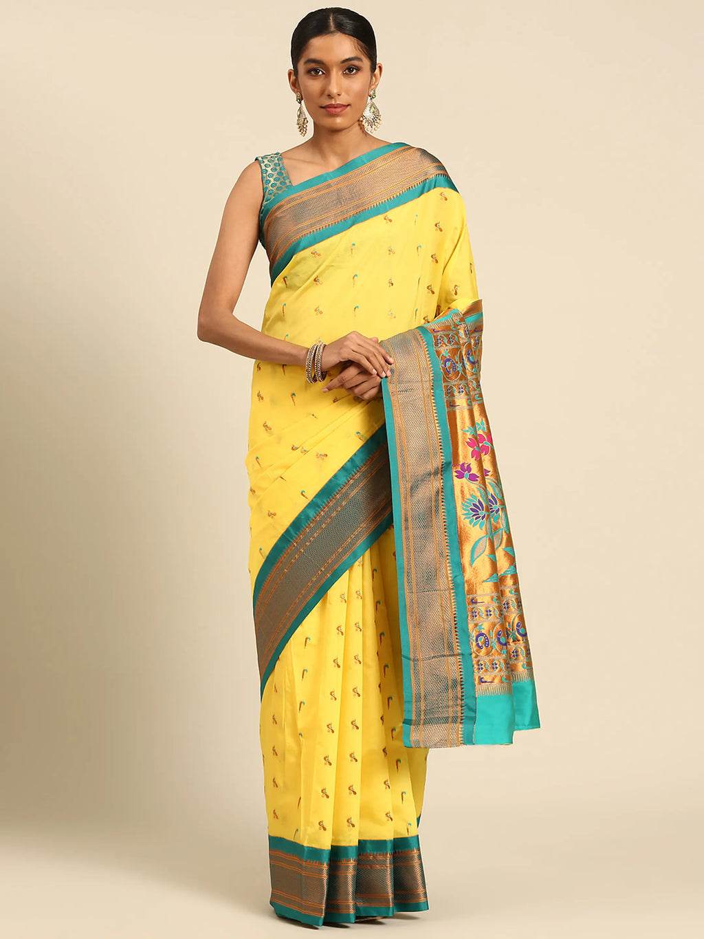Muniya paithani saree silk blend in yellow and rama with muniya peacock meena butti - front view for wedding wear