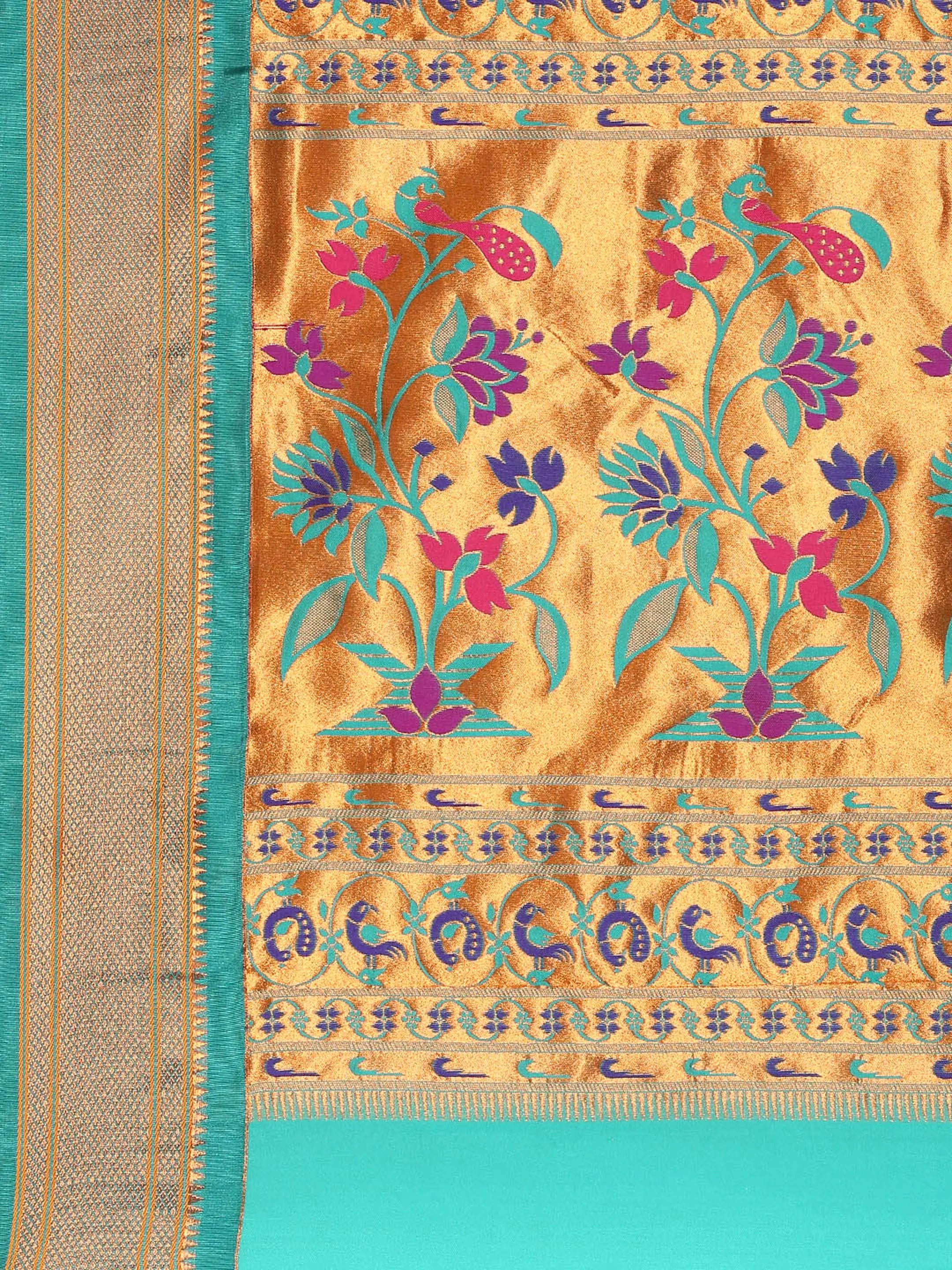 Muniya paithani saree silk blend in yellow and rama with muniya peacock meena butti - pallu detail showing woven motif design for wedding wear