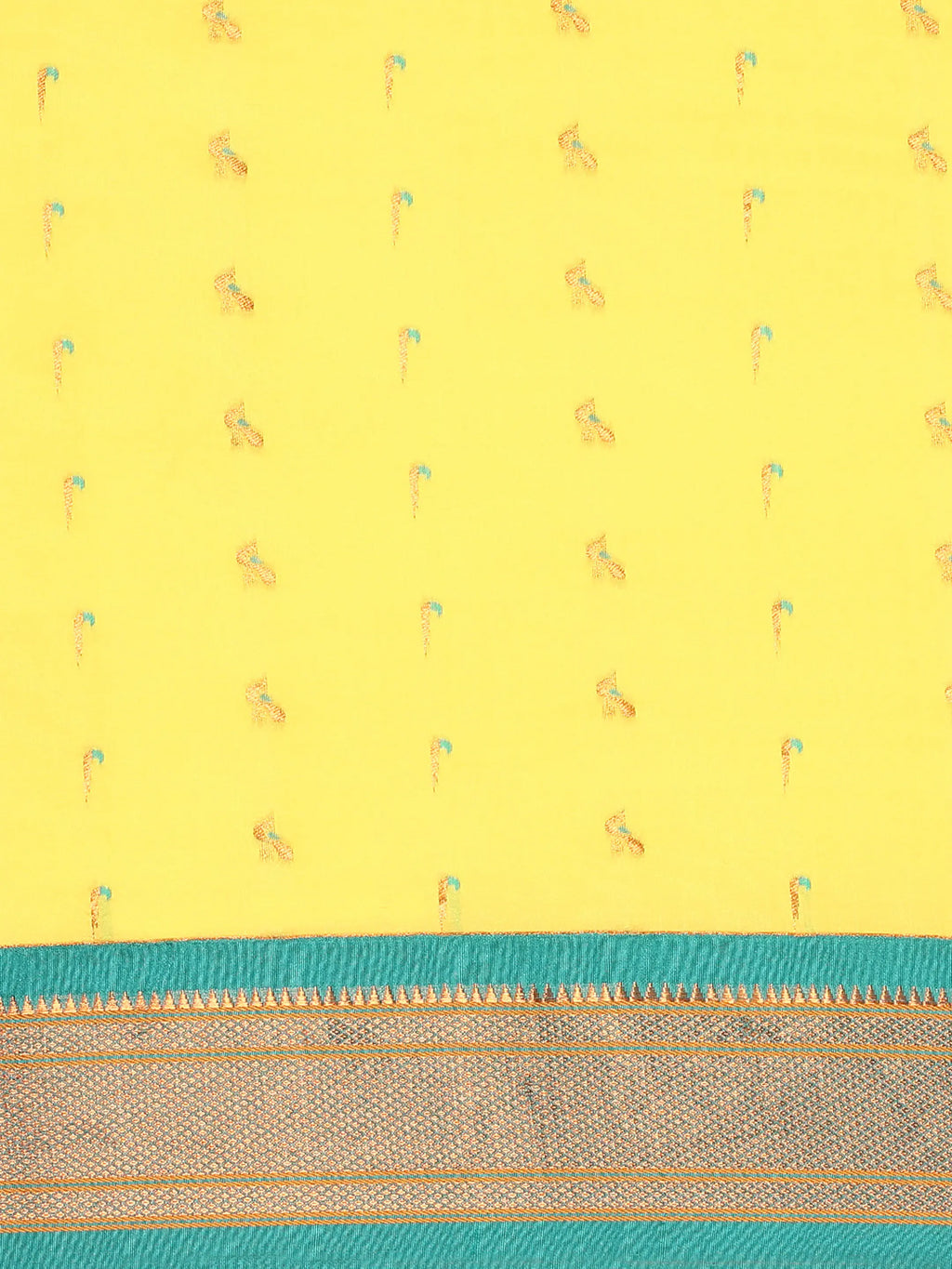 Muniya paithani saree silk blend in yellow and rama with muniya peacock meena butti - body fabric detail showing motif design for wedding wear