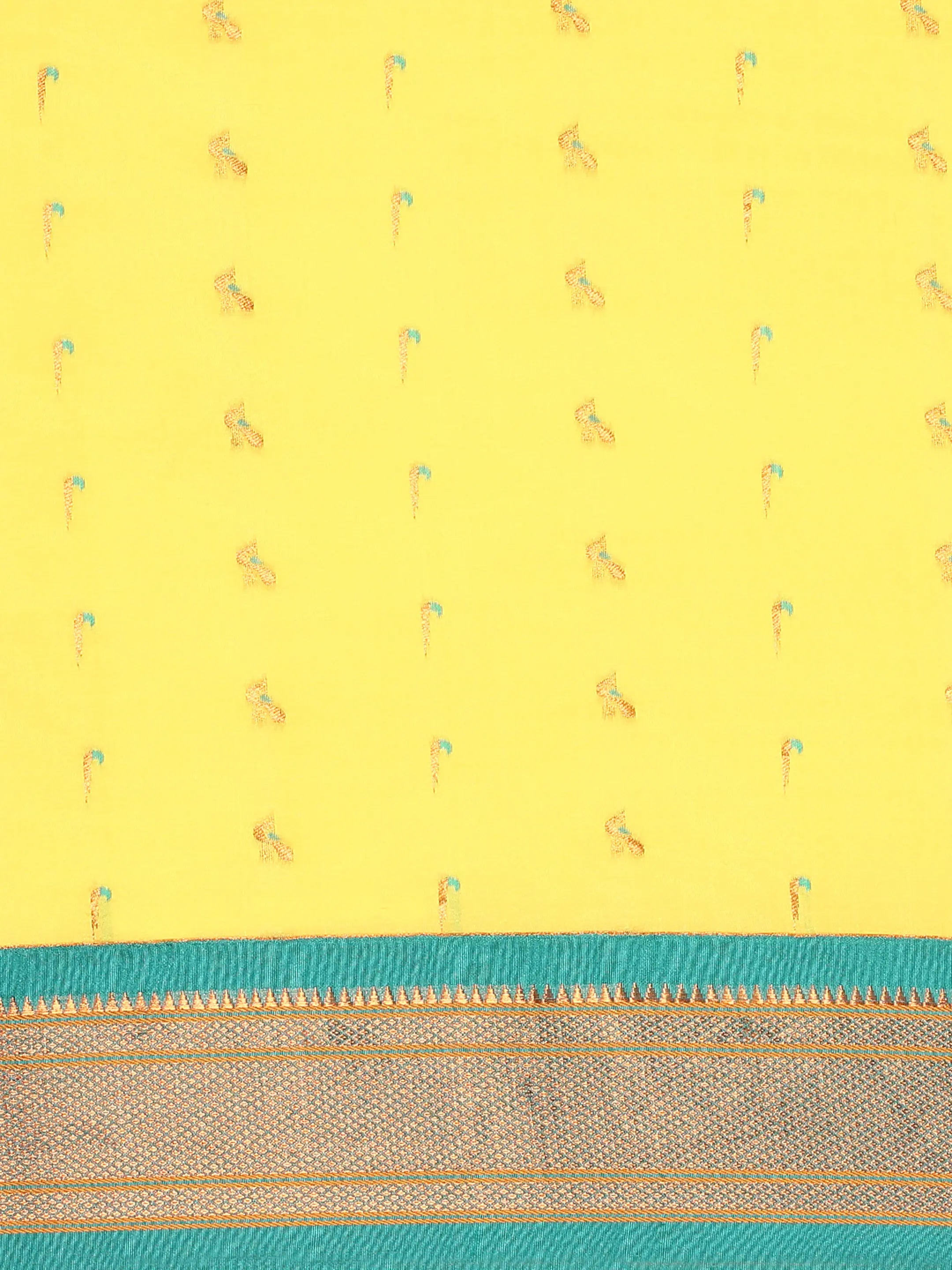 Muniya paithani saree silk blend in yellow and rama with muniya peacock meena butti - body fabric detail showing motif design for wedding wear