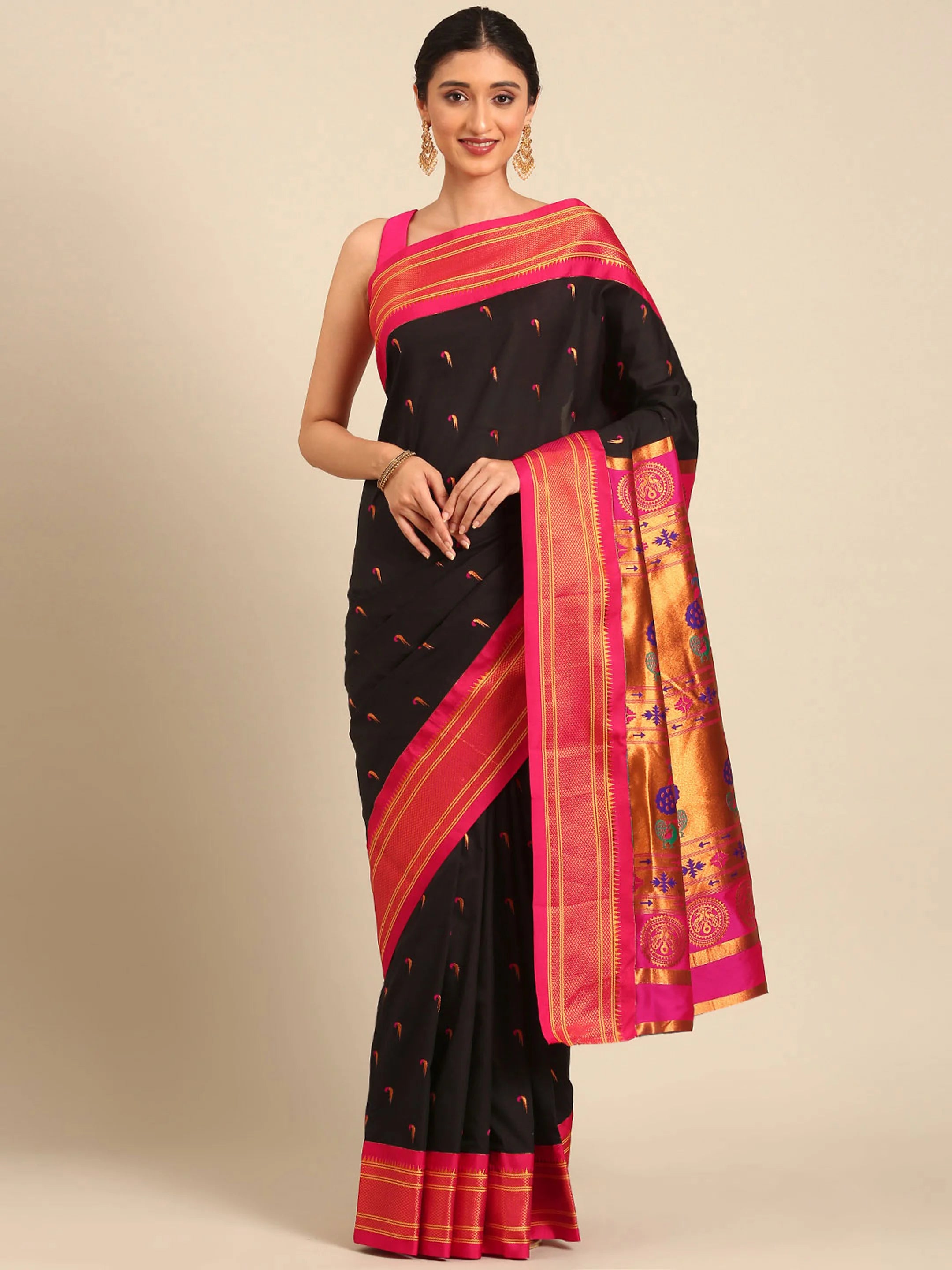 Muniya paithani saree silk blend in black and pink with parrot motif zari work - front view for wedding wear