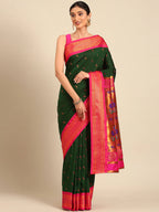 Muniya paithani saree silk blend in bottle green and pink with parrot motif zari work - front view for wedding wear