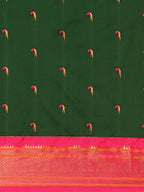 Muniya paithani saree silk blend in bottle green and pink with parrot motif zari work - body fabric detail showing motif design for wedding wear