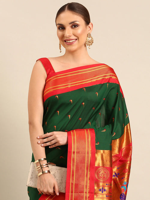 Muniya paithani saree soft silk in bottle green and red with parrot motif zari work - closeup view showing fabric and zari work for wedding wear