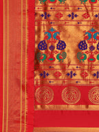 Muniya paithani saree silk blend in bottle green and red with parrot motif zari work - pallu detail showing woven motif design for wedding wear