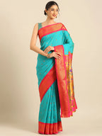 Muniya paithani saree silk blend in chintamani and pink with parrot motif zari work - front view for wedding wear
