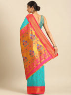 Muniya paithani saree silk blend in chintamani and pink with parrot motif zari work - back view showing pallu and border for wedding wear