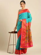 Muniya paithani saree silk blend in chintamani and pink with parrot motif zari work - styled model view for wedding wear
