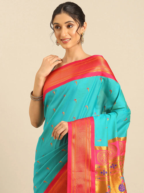 Muniya paithani saree soft silk in chintamani and pink with parrot motif zari work - closeup view showing fabric and zari work for wedding wear