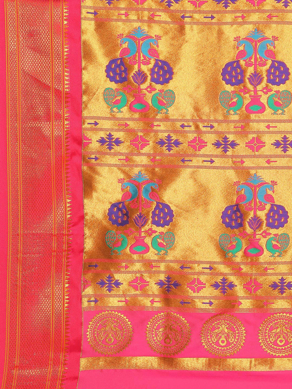 Muniya paithani saree silk blend in chintamani and pink with parrot motif zari work - pallu detail showing woven motif design for wedding wear
