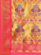 Muniya paithani saree silk blend in chintamani and pink with parrot motif zari work - pallu detail showing woven motif design for wedding wear