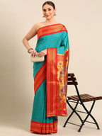 Muniya paithani saree silk blend in chintamani and red with parrot motif zari work - front view for wedding wear