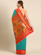 Muniya paithani saree silk blend in chintamani and red with parrot motif zari work - back view showing pallu and border for wedding wear