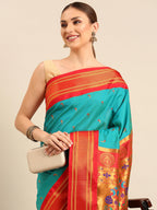 Muniya paithani saree silk blend in chintamani and red with parrot motif zari work - closeup view showing fabric and zari work for wedding wear