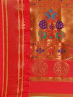 Muniya paithani saree silk blend in chintamani and red with parrot motif zari work - pallu detail showing woven motif design for wedding wear