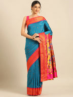 Muniya paithani saree silk blend in firozi and pink with parrot motif zari work - front view for wedding wear
