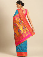 Muniya paithani saree silk blend in firozi and pink with parrot motif zari work - back view showing pallu and border for wedding wear