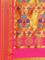 Muniya paithani saree silk blend in firozi and pink with parrot motif zari work - pallu detail showing woven motif design for wedding wear