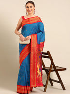 Muniya paithani saree silk blend in firozi and red with parrot motif zari work - front view for wedding wear