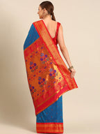 Muniya paithani saree silk blend in firozi and red with parrot motif zari work - back view showing pallu and border for wedding wear