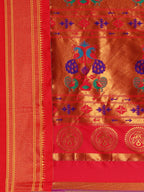 Muniya paithani saree silk blend in firozi and red with parrot motif zari work - pallu detail showing woven motif design for wedding wear