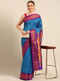 Muniya paithani saree silk blend in firozi and violet with parrot motif zari work - front view for wedding wear