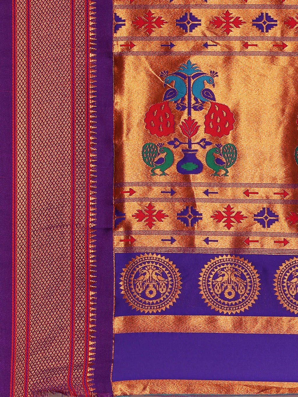 Muniya paithani saree silk blend in firozi and violet with parrot motif zari work - pallu detail showing woven motif design for wedding wear