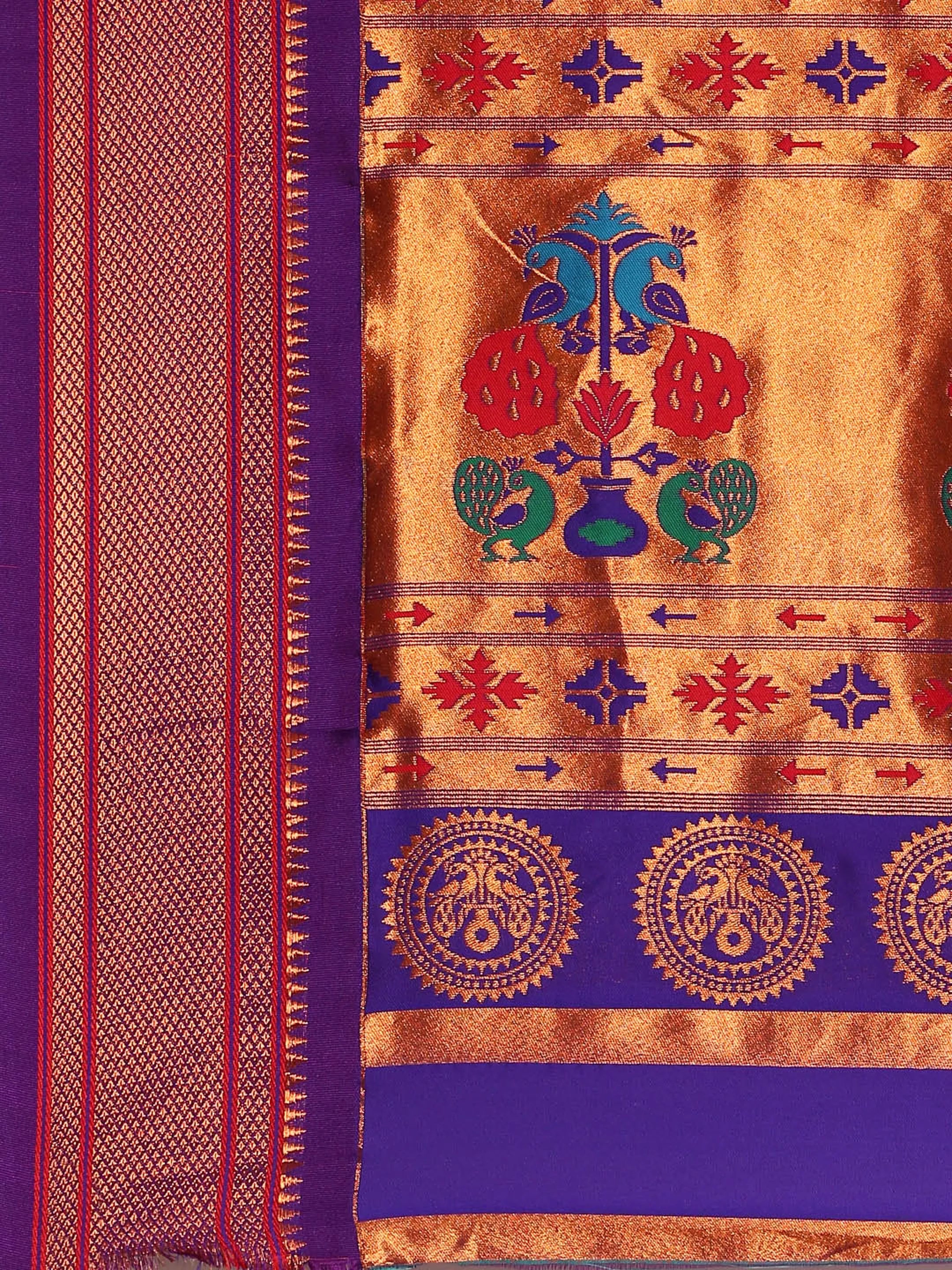 Muniya paithani saree silk blend in firozi and violet with parrot motif zari work - pallu detail showing woven motif design for wedding wear