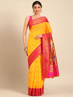 Muniya paithani saree silk blend in gold and pink with parrot motif zari work - front view for wedding wear