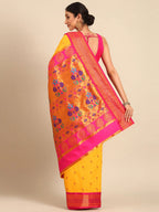 Muniya paithani saree silk blend in gold and pink with parrot motif zari work - back view showing pallu and border for wedding wear