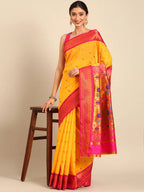 Muniya paithani saree silk blend in gold and pink with parrot motif zari work - styled model view for wedding wear