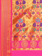 Muniya paithani saree silk blend in gold and pink with parrot motif zari work - pallu detail showing woven motif design for wedding wear