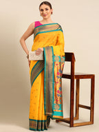 Muniya paithani saree silk blend in gold and rama with parrot motif zari work - front view for wedding wear
