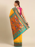 Muniya paithani saree silk blend in gold and rama with parrot motif zari work - back view showing pallu and border for wedding wear