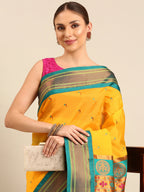 Muniya paithani saree silk blend in gold and rama with parrot motif zari work - closeup view showing fabric and zari work for wedding wear