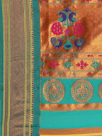 Muniya paithani saree silk blend in gold and rama with parrot motif zari work - pallu detail showing woven motif design for wedding wear