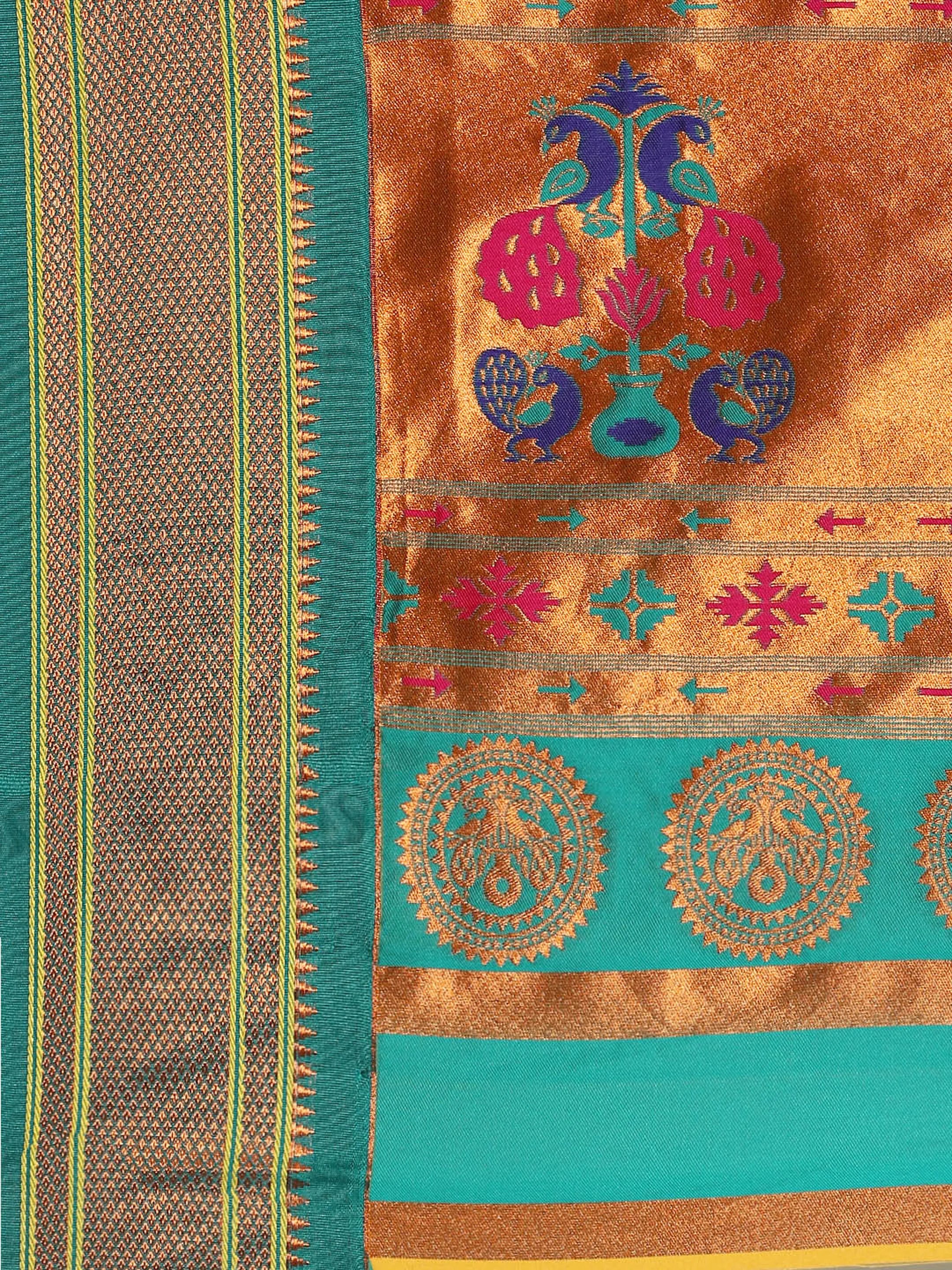 Muniya paithani saree silk blend in gold and rama with parrot motif zari work - pallu detail showing woven motif design for wedding wear