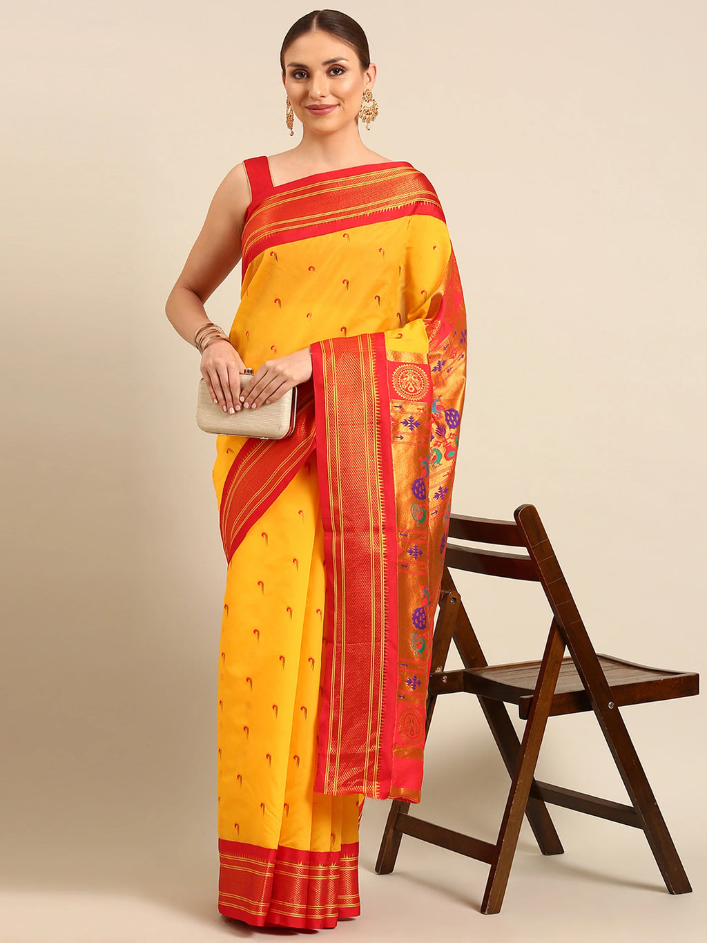 Muniya paithani saree silk blend in gold and red with parrot motif zari work - front view for wedding wear
