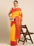 Muniya paithani saree silk blend in gold and red with parrot motif zari work - front view for wedding wear