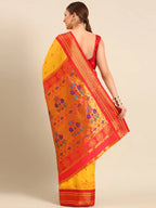 Muniya paithani saree soft silk in gold and red with parrot motif zari work - back view showing pallu and border for wedding wear