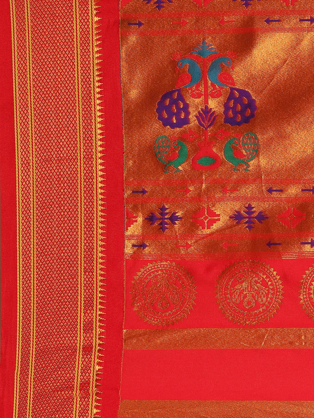 Muniya paithani saree silk blend in gold and red with parrot motif zari work - pallu detail showing woven motif design for wedding wear