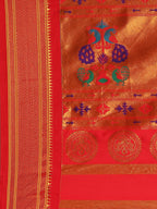 Muniya paithani saree soft silk in gold and red with parrot motif zari work - pallu detail showing woven motif design for wedding wear