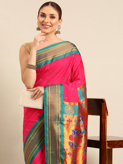 Muniya paithani saree soft silk in hot pink and rama with parrot motif zari work - closeup view showing fabric and zari work for wedding wear