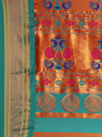 Muniya paithani saree silk blend in hot, pink and rama with parrot motif zari work - pallu detail showing woven motif design for wedding wear
