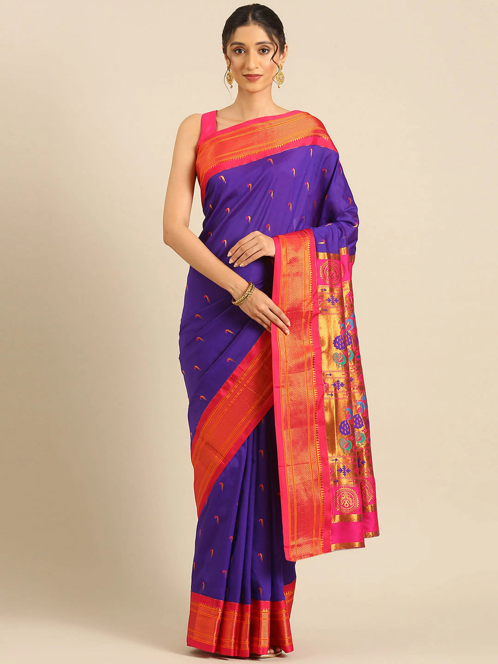 Muniya paithani saree silk blend in indigo blue and pink with parrot motif zari work - front view for wedding wear