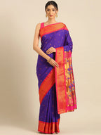 Muniya paithani saree silk blend in indigo blue and pink with parrot motif zari work - front view for wedding wear