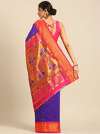 Muniya paithani saree silk blend in indigo blue and pink with parrot motif zari work - back view showing pallu and border for wedding wear