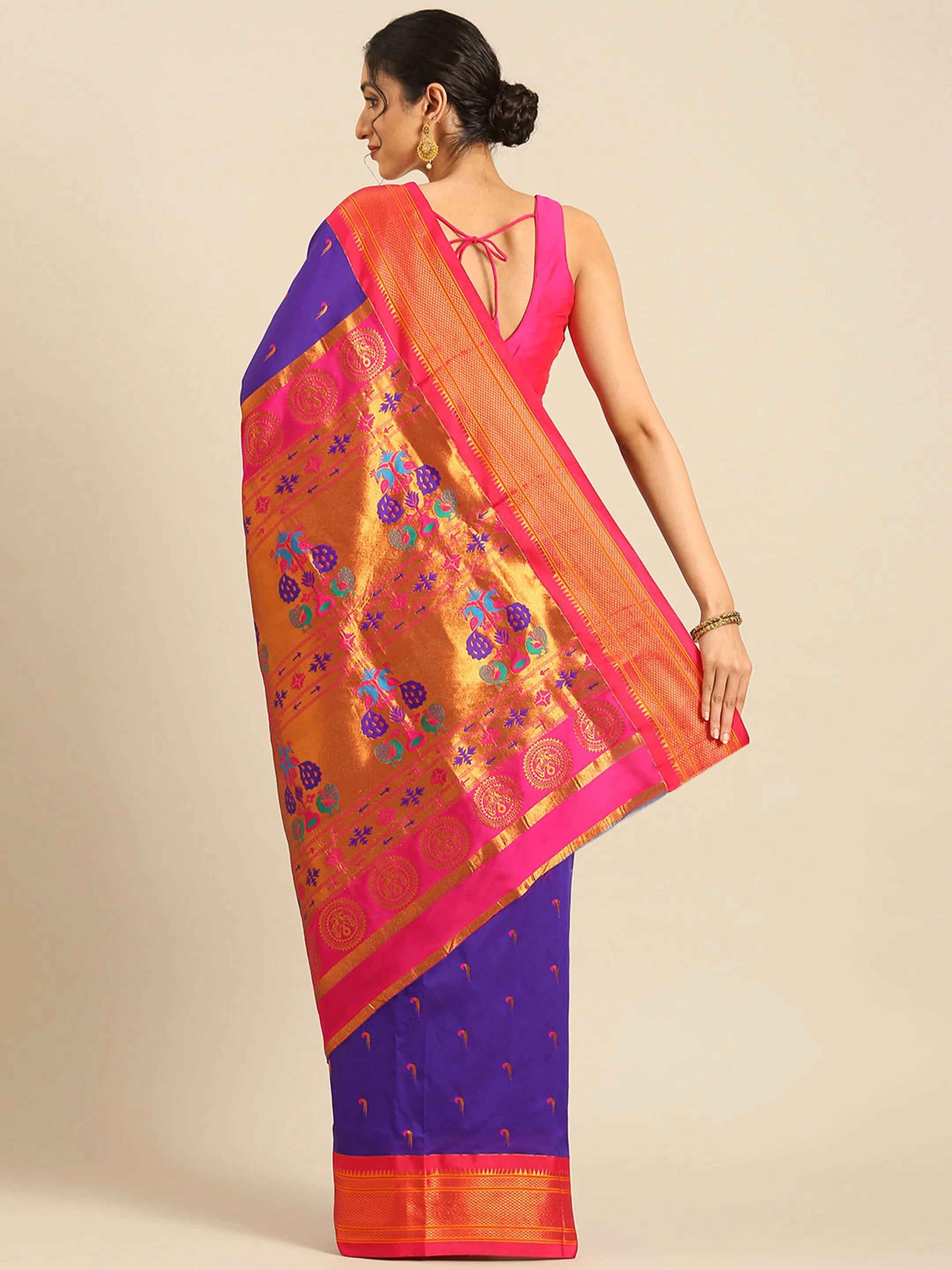 Muniya paithani saree silk blend in indigo blue and pink with parrot motif zari work - back view showing pallu and border for wedding wear